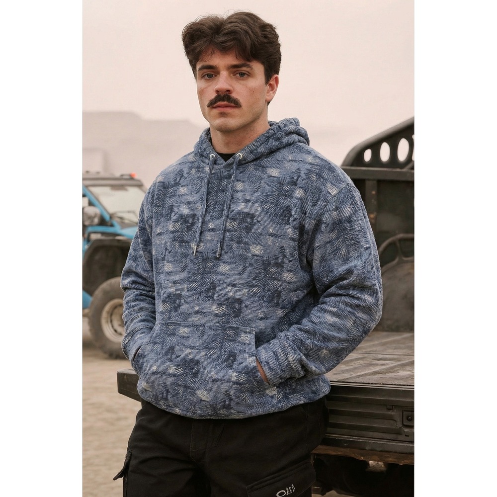 ROWM Men's XL Hoodie Pullover Blue Bison/Buffalo‎ Print 100% Cotton Knit